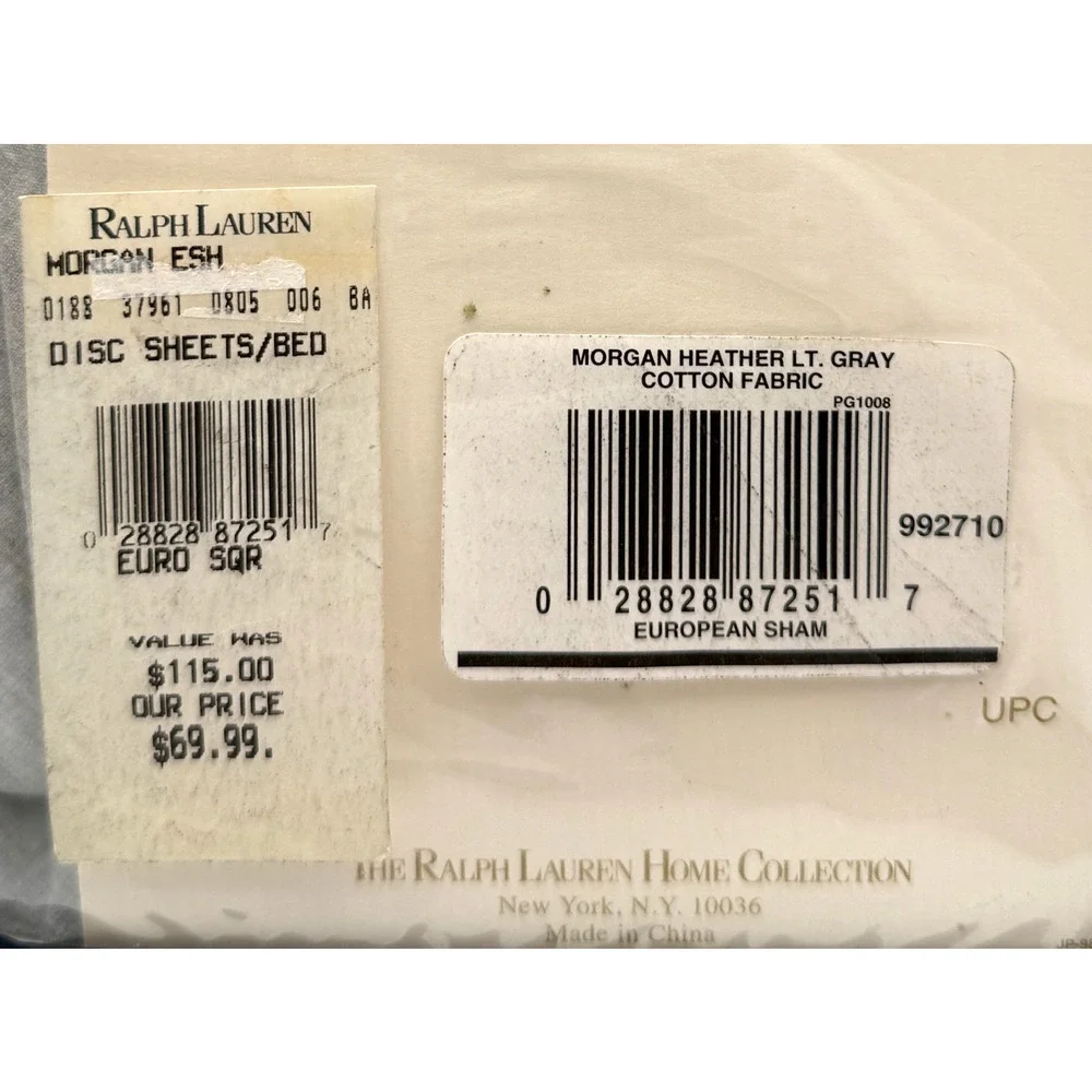 Ralph Lauren (1) Euro Pillow Sham Morgan Heather Light Gray Ardsley Vintage NOS